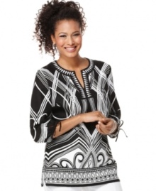 Get graphic in this bold tunic from JM Collection, featuring a statement-making print! Made from 100% linen, it's a breezy option for warmer weather.