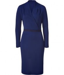 Polish your office-to-evening look with this ultra flattering wrap dress from Piazza Sempione - Wrapped V-neckline, long sleeves, elasticized grosgrain waistband in front, hidden side zip - Fitted silhouette - Wear with a slim trench, platform pumps, and a statement satchel