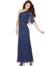 A sheer flutter sleeve at one shoulder gives this stunning Calvin Klein evening gown a graceful silhouette.