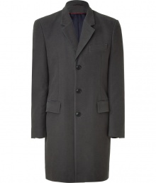 Luxurious coat of fine, dark gray cotton - Coat for all occasions is classic and masculine - Slim, comfortable silhouette is thigh-length - Designed with a lapel, flap pockets, chest pocket and three-button placket - Gorgeous and subtle, looks as good with jeans and a cashmere pullover as it does with a suit Luxurious coat of fine, dark gray cotton - Coat for all occasions is classic and masculine - Slim, comfortable silhouette is thigh-length - Designed with a lapel, flap pockets, chest pocket and three-button placket - Gorgeous and subtle, looks as good with jeans and a cashmere pullover as it does with a suit