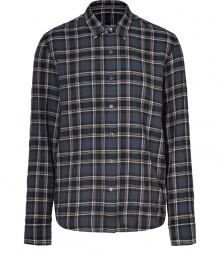 Work a rugged edge into casual cool looks with James Perses modern plaid shirt - Classic collar, long sleeves, buttoned cuffs, button-down front - Slim fit - Wear with jeans or chinos and bright desert boots Work a rugged edge into casual cool looks with James Perses modern plaid shirt - Classic collar, long sleeves, buttoned cuffs, button-down front - Slim fit - Wear with jeans or chinos and bright desert boots