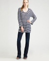 Allover stripes pop on easy modal-silk with long cuffed sleeves. Crewneck Cuffed sleeves About 32 from shoulder to hem One size fits most 90% modal/10% polyester; dry clean Made in USA Additional Information Women's Premier Designer & Contemporary Size Guide 