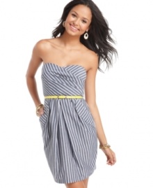 BCX gives classic pinstripes a chic reinvention with this belted sweetheart dress that's totally fresh! Pair it with sleek accessories for a look that transitions from day to night! BCX gives classic pinstripes a chic reinvention with this belted sweetheart dress that's totally fresh! Pair it with sleek accessories for a look that transitions from day to night!