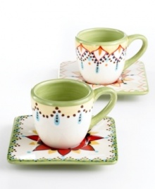 Wake up espresso with the sunny botanicals of the Catalina collection from Vida by Eva Mendes Dinnerware. The dishes, like these hand-painted saucers and cups in flared square and palm-friendly shapes, are drenched in soft yellows and tangerine, sky blue and pale green for warm, exuberant cheer with your pick-me-up. Wake up espresso with the sunny botanicals of the Catalina collection from Vida by Eva Mendes Dinnerware. The dishes, like these hand-painted saucers and cups in flared square and palm-friendly shapes, are drenched in soft yellows and tangerine, sky blue and pale green for warm, exuberant cheer with your pick-me-up.