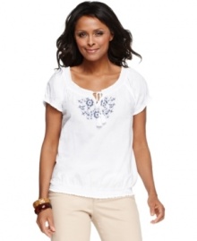 Elegant embroidery puts a fashionable spin on BandolinoBlu's cute cotton peasant top!