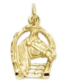 Get equestrian! This shiny charm features an intricately-carved horse head inside a horseshoe, for extra good luck. Crafted in 14k gold. Chain not included. Approximate length: 4/5 inch. Approximate width: 2/5 inch.