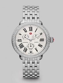 From the Serein Collection. Truly dazzle in this diamond accented technical timepiece. Quartz movementWater resistant to 5 ATMElliptical stainless steel case, 40mm (1.6) x 38mm (1.5) Diamond accented bezel, .6 tcwSilvertone dialRoman numeral hour markersDate display at 6 o'clockSecond hand Stainless steel link bracelet, 18mm (.7)Made in Switzerland 