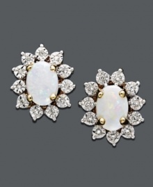 A sunburst of sparkle perfect for every day wear. Stud earrings feature oval-cut opal (3/4 ct. t.w.) surrounded by beautiful round-cut diamond accents. Crafted in 14k gold with 14k white gold miracle plates. Approximate diameter: 1/2 inch. A sunburst of sparkle perfect for every day wear. Stud earrings feature oval-cut opal (3/4 ct. t.w.) surrounded by beautiful round-cut diamond accents. Crafted in 14k gold with 14k white gold miracle plates. Approximate diameter: 1/2 inch.
