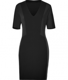 The Little Black Dress gets a lick of leather in Rag & Bones sleek short sleeved silhouette - V-neckline, short sleeves, mixed-media front and back paneling, black leather side panels, hidden side zip - Form-fitting - Wear with flats or statement heels and a clutch The Little Black Dress gets a lick of leather in Rag & Bones sleek short sleeved silhouette - V-neckline, short sleeves, mixed-media front and back paneling, black leather side panels, hidden side zip - Form-fitting - Wear with flats or statement heels and a clutch