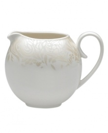 A soft, feminine look with Denby durability, the Lucille Gold creamer promises lasting style and modern grace. In a pattern inspired by vintage lace and designed by English stylemaker, Monsoon, shimmering gold swirls adorn creamy porcelain in this set of dinnerware. The dishes are beautiful for every day and occasion. A soft, feminine look with Denby durability, the Lucille Gold creamer promises lasting style and modern grace. In a pattern inspired by vintage lace and designed by English stylemaker, Monsoon, shimmering gold swirls adorn creamy porcelain in this set of dinnerware. The dishes are beautiful for every day and occasion.