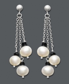 The perfect mix of contrasting colors. Fresh by Honora earrings feature three, elegant, cultured freshwater pearl drops (6-1/2-7 mm) accented by onyx beads (3-1/2 mm) strung from delicate chains. Set in sterling silver. Approximate drop: 1-1/2 inches. The perfect mix of contrasting colors. Fresh by Honora earrings feature three, elegant, cultured freshwater pearl drops (6-1/2-7 mm) accented by onyx beads (3-1/2 mm) strung from delicate chains. Set in sterling silver. Approximate drop: 1-1/2 inches.