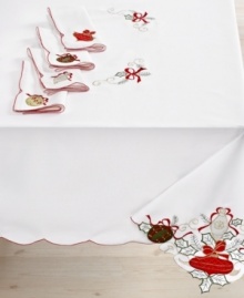 All the trimmings. Prepare for a jolly-good time with the Holiday Ornaments tablecloth, featuring a simple white cloth festooned with holly embroidery, colorful ornaments and a scalloped edge. All the trimmings. Prepare for a jolly-good time with the Holiday Ornaments tablecloth, featuring a simple white cloth festooned with holly embroidery, colorful ornaments and a scalloped edge.