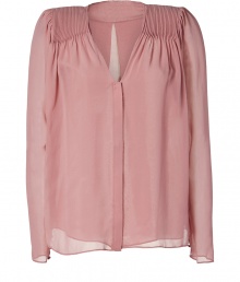 An essential piece for this seasons hot layering trend, this sheer blouse from Schumacher will add an instant update to your wardrobe favorites - V-neck, long sleeves, pintuck pleats at shoulders, concealed front button placket, back pleats - Relaxed silhouette - Wear with a racerback tank, skinny jeans, and an asymmetric hem blazer