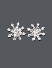 Blindingly beautiful. 14k white gold snowflake-shaped studs shimmer with round-cut diamond (1/4 ct. t.w.). Approximate diameter: 3/4 inch. Blindingly beautiful. 14k white gold snowflake-shaped studs shimmer with round-cut diamond (1/4 ct. t.w.). Approximate diameter: 3/4 inch.