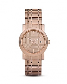 Adorn your wrist with this gorgeous, gleaming rose gold tone watch from Burberry. A subtle, signature check design lends added dimension to the dial.