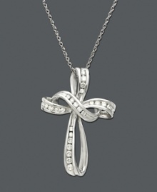Swirling ribbons of 14k white gold form an intricate cross pattern. A beautiful way to show your faith, this looping cross pendant features round-cut diamonds (1/4 ct. t.w.). Approximate length: 18 inches. Approximate drop: 1 inch. Swirling ribbons of 14k white gold form an intricate cross pattern. A beautiful way to show your faith, this looping cross pendant features round-cut diamonds (1/4 ct. t.w.). Approximate length: 18 inches. Approximate drop: 1 inch.