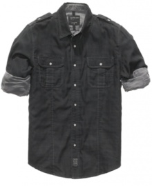 Work the cuffs. This Calvin Klein shirt gives your wardrobe a rugged blue-collar look. Work the cuffs. This Calvin Klein shirt gives your wardrobe a rugged blue-collar look.