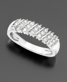 Channels of round, brilliant-cut diamonds (1/5 ct. t.w.) and 14k white gold are a dazzling combination on this beautiful diamond ring. Channels of round, brilliant-cut diamonds (1/5 ct. t.w.) and 14k white gold are a dazzling combination on this beautiful diamond ring.