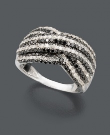 You'll be seeing stripes when you wear this chic cocktail ring in contrasting colors. Seamless rows of round-cut black diamonds (1 ct. t.w.) and white diamonds (1/2 ct. t.w.) shine in a polished, sterling silver setting. Size 7. You'll be seeing stripes when you wear this chic cocktail ring in contrasting colors. Seamless rows of round-cut black diamonds (1 ct. t.w.) and white diamonds (1/2 ct. t.w.) shine in a polished, sterling silver setting. Size 7.