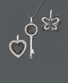 Three times is definitely the charm with this heart, key, and butterfly pendant set. Each pendant features round-cut black diamond accents and white diamonds (1/8 ct. t.w.) in a sterling silver setting. Approximate length: 18 inches. Approximate heart drop: 3/4 inch. Approximate key drop: 1-1/2 inches. Approximate butterfly drop: 3/4 inch. Three times is definitely the charm with this heart, key, and butterfly pendant set. Each pendant features round-cut black diamond accents and white diamonds (1/8 ct. t.w.) in a sterling silver setting. Approximate length: 18 inches. Approximate heart drop: 3/4 inch. Approximate key drop: 1-1/2 inches. Approximate butterfly drop: 3/4 inch.