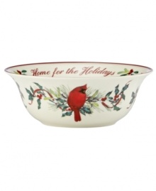 Perfect for serving holiday sides, this Lenox Winter Greetings bowl combines everything that's beautiful about the season in fine ivory porcelain. With the words, home for the holidays, it also makes a thoughtful gift. Perfect for serving holiday sides, this Lenox Winter Greetings bowl combines everything that's beautiful about the season in fine ivory porcelain. With the words, home for the holidays, it also makes a thoughtful gift.