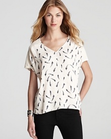 A flurry of feathers float about on this Rebecca Taylor tee with plush velvet sleeves. A flurry of feathers float about on this Rebecca Taylor tee with plush velvet sleeves.