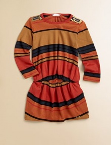A comfy knit in bright, bold stripes couldn't be simpler, save gold-trimmed decorative zippers at the shoulders that add a bit of glamour.Round ribbed necklineDecorative shoulder zippers with shiny gold trim Long sleevesElasticized waistEmbroidered logo at hemPullover styling67% lyocell/33% cottonMachine washMade in France A comfy knit in bright, bold stripes couldn't be simpler, save gold-trimmed decorative zippers at the shoulders that add a bit of glamour.Round ribbed necklineDecorative shoulder zippers with shiny gold trim Long sleevesElasticized waistEmbroidered logo at hemPullover styling67% lyocell/33% cottonMachine washMade in France