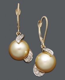 Lavish yourself in the luxurious. These rich drop earrings features a golden South Sea pearls (9-10 mm) accented by glittering round-cut diamonds (1/5 ct. t.w.) in a warm 14k gold setting. Approximate drop: 1-1/4 inches. Lavish yourself in the luxurious. These rich drop earrings features a golden South Sea pearls (9-10 mm) accented by glittering round-cut diamonds (1/5 ct. t.w.) in a warm 14k gold setting. Approximate drop: 1-1/4 inches.
