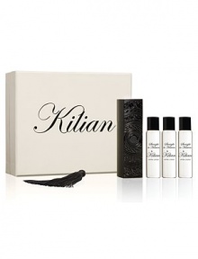A fragrance inspired by Rum, a life-giving alcohol blending the heat of Carribean islands, with narcotic charms. A travel spray for men and women. A magnetic object, literally. A monolith engraved with the Achilles' shield, signature of L'Oeuvre noire collection. As always, the travel spray is refillable to travel with your favorite Kilian fragrance. Set of four 0.25 oz. sprays. A fragrance inspired by Rum, a life-giving alcohol blending the heat of Carribean islands, with narcotic charms. A travel spray for men and women. A magnetic object, literally. A monolith engraved with the Achilles' shield, signature of L'Oeuvre noire collection. As always, the travel spray is refillable to travel with your favorite Kilian fragrance. Set of four 0.25 oz. sprays.
