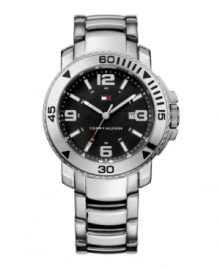 Get in the game with the sleek design of this watch by Tommy Hilfiger. Stainless steel bracelet and round case with black numerals at bezel. Black dial features applied silver tone numerals at twelve, three, six and nine o'clock, stick indices, date window, three hands and iconic flag logo. Quartz movement. Water resistant to 30 meters. Ten-year limited warranty. Get in the game with the sleek design of this watch by Tommy Hilfiger. Stainless steel bracelet and round case with black numerals at bezel. Black dial features applied silver tone numerals at twelve, three, six and nine o'clock, stick indices, date window, three hands and iconic flag logo. Quartz movement. Water resistant to 30 meters. Ten-year limited warranty.