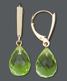 Spice up your look with a touch of green shimmer. Faceted peridot drops (11 ct. t.w.) really shine in a 14k gold leverback setting. Approximate drop: 1-1/8 inches. Spice up your look with a touch of green shimmer. Faceted peridot drops (11 ct. t.w.) really shine in a 14k gold leverback setting. Approximate drop: 1-1/8 inches.