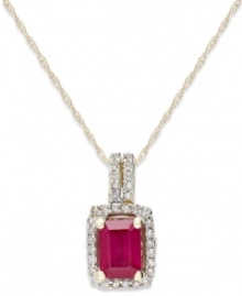A touch of crimson. This brilliant-hued pendant features an emerald-cut ruby (1 ct. t.w.) surrounded by round-cut diamonds (1/5 ct. t.w.). Set in 14k gold. Approximate length: 18 inches. Approximate drop: 5/8 inch. A touch of crimson. This brilliant-hued pendant features an emerald-cut ruby (1 ct. t.w.) surrounded by round-cut diamonds (1/5 ct. t.w.). Set in 14k gold. Approximate length: 18 inches. Approximate drop: 5/8 inch.