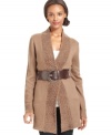 Cozy up to this tunic-length cardigan, outfitted with a matching belt and a soft, textured shawl collar.