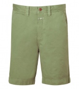 Casual shorts in fine, pure olive green cotton - Soft, lighter weight fabric has a relaxed, worn-in look - Classic Bermuda style is slim and hits above the knee - Belt loops, zip fly and button closure - Slash pockets at sides, welt pockets at rear - Rugged and cool, ideal for pairing with t-shirts, button downs and polos