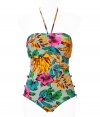 Show off your assets in style with this vibrant tropical printed swimsuit from Marc by Marc Jacobs- Adjustable bandeau top with halter tie, sexy side cut out detail, all-over print - Style with a sheer caftan, oversized sunnies, and wedge sandals