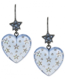 Make a heartfelt style statement with this pair of earrings from Betsey Johnson. Crafted from hematite-tone mixed metal, the earrings end at a lucite heart with a starry stop along the way. Approximate drop: 2 inches.