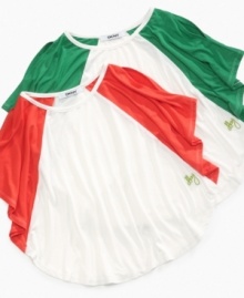 Color blocking and open shoulders are two of the seasons hottest trends, keep her fashion forward in this cool DKNY top. Color blocking and open shoulders are two of the seasons hottest trends, keep her fashion forward in this cool DKNY top.
