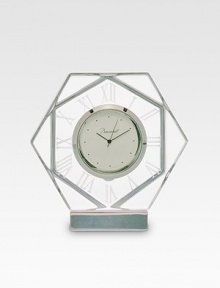 A distinguished desk accessory handcrafted from weighty crystal in France with etched Roman numerals and a battery-powered analog clock. From the Abysse Collection 3W X 3W Wipe clean Handmade in France A distinguished desk accessory handcrafted from weighty crystal in France with etched Roman numerals and a battery-powered analog clock. From the Abysse Collection 3W X 3W Wipe clean Handmade in France