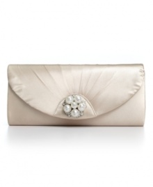 Pristine pearls adorn this elegant satin-wrapped evening bag by Jessica McClintock that discretely conceals a slim shoulder strap. Sized for only the essentials, it's perfect to flaunt at your fancy soirees. Pristine pearls adorn this elegant satin-wrapped evening bag by Jessica McClintock that discretely conceals a slim shoulder strap. Sized for only the essentials, it's perfect to flaunt at your fancy soirees.