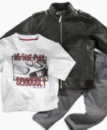 This is one serious fashion set from Kenneth Cole. In a faux-leather mot-inspired jacket he'll be ready to ride. This is one serious fashion set from Kenneth Cole. In a faux-leather mot-inspired jacket he'll be ready to ride.