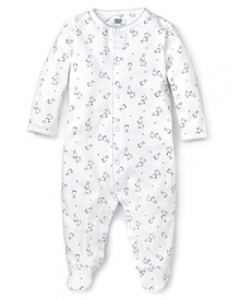Crafted in soft pima cotton, this Noa Lily footie has a sweet all-over doggy print, snap closure and scalloped blue trim. Crafted in soft pima cotton, this Noa Lily footie has a sweet all-over doggy print, snap closure and scalloped blue trim.