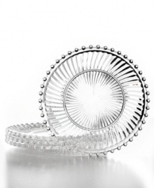 Luminous glass dessert plates with fluted detail and a dainty beaded edge steal the spotlight at casual tables with a look of antique grace. From Martha Stewart Collection. Luminous glass dessert plates with fluted detail and a dainty beaded edge steal the spotlight at casual tables with a look of antique grace. From Martha Stewart Collection.