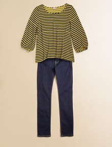 A charming peasant-style blouse updated with allover stripes and a fashion-forward hi/lo hem.BoatneckThree-quarter sleevesHi/lo hemRayon voileMachine washImported A charming peasant-style blouse updated with allover stripes and a fashion-forward hi/lo hem.BoatneckThree-quarter sleevesHi/lo hemRayon voileMachine washImported