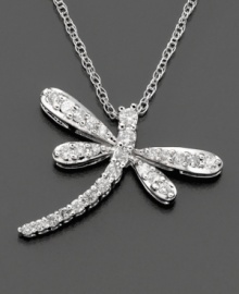 The whimsical dragonfly gets a chic update from sparkling, round-cut diamonds (1/5 ct. t.w.). Set in 14k white gold. Chain measures 18 inches; 2/5 inch drop. The whimsical dragonfly gets a chic update from sparkling, round-cut diamonds (1/5 ct. t.w.). Set in 14k white gold. Chain measures 18 inches; 2/5 inch drop.