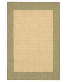 Step outside the box and create a cozy backyard retreat with this all-weather area rug, suitable for indoor and outdoor use. Full-framed with a natural-green border and beige ground, thin stripes crisscross to create an textured grid pattern, adding an unexpected touch of warmth to stone entryways, patio decks and outdoor gathering areas. Pet friendly and resistant to mold and mildew.