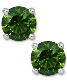 Add a lively touch of springtime green, in one small drop. These sparkling stud earrings feature round-cut green diamonds (2 ct. t.w.) in a four-prong setting of 14k white gold. Approximate diameter: 1/3 inch. Add a lively touch of springtime green, in one small drop. These sparkling stud earrings feature round-cut green diamonds (2 ct. t.w.) in a four-prong setting of 14k white gold. Approximate diameter: 1/3 inch.