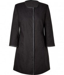 This modern-styled coat fuses has a fashion-minded fit and luxe detailing - Rounded collar, leather detailed front seam, concealed snap front closure, slit pockets, slightly belled sleeves - Style with wide leg trousers, a sheer blouse, and platforms This modern-styled coat fuses has a fashion-minded fit and luxe detailing - Rounded collar, leather detailed front seam, concealed snap front closure, slit pockets, slightly belled sleeves - Style with wide leg trousers, a sheer blouse, and platforms