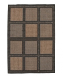 Like a patchwork quilt, 12 squares sit on the surface of this beautiful all-weather rug, each containing one of three distinctive textures. Suitable for use both indoors and out, this piece brings a touch of warmth to stone entryways, patio decks and all other outdoor gathering areas. Perfectly complimenting its natural surroundings, this rug is textured and gently colored with black and shades of cocoa. Pet friendly and resistant to all mold and mildew. One-year limited warranty. Like a patchwork quilt, 12 squares sit on the surface of this beautiful all-weather rug, each containing one of three distinctive textures. Suitable for use both indoors and out, this piece brings a touch of warmth to stone entryways, patio decks and all other outdoor gathering areas. Perfectly complimenting its natural surroundings, this rug is textured and gently colored with black and shades of cocoa. Pet friendly and resistant to all mold and mildew. One-year limited warranty.