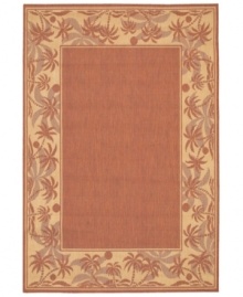 Create your own island retreat with this terra-cotta area rug, bordered in calming images of sand and palm trees. Great for patios, decks or vacation homes, the Recife rug can go almost anywhere! Power-loomed of Couristan's durable polypropylene blend, this soft piece is pet-friendly and resistant to mold and mildew.