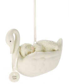 Commemorate a new member of the family with this precious Snowbaby ornament from Department 56. Crafted of pure porcelain bisque, a small child sits in a cradle declaring the sentiment: from God.